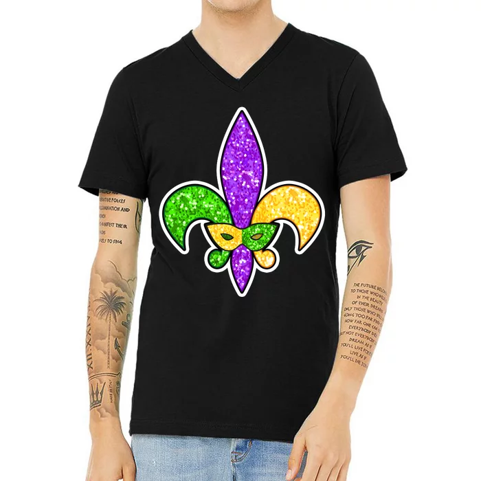 Festive Mardi Gras Fleur De Lis And Party Mask V-Neck T-Shirt