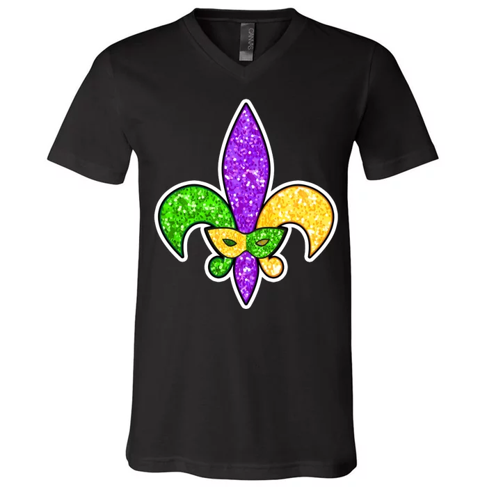 Festive Mardi Gras Fleur De Lis And Party Mask V-Neck T-Shirt