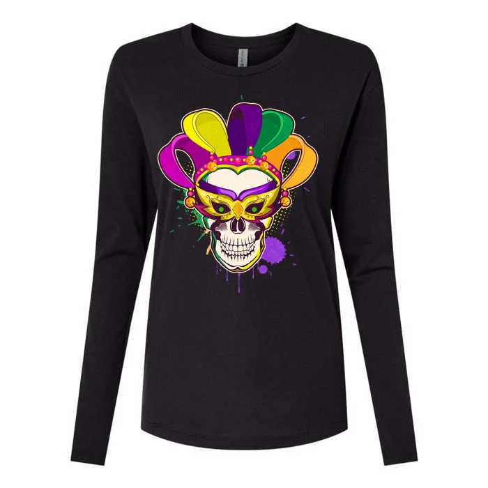 Festive Mardi Gras Skull Womens Cotton Relaxed Long Sleeve T-Shirt