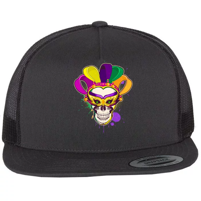 Festive Mardi Gras Skull Flat Bill Trucker Hat