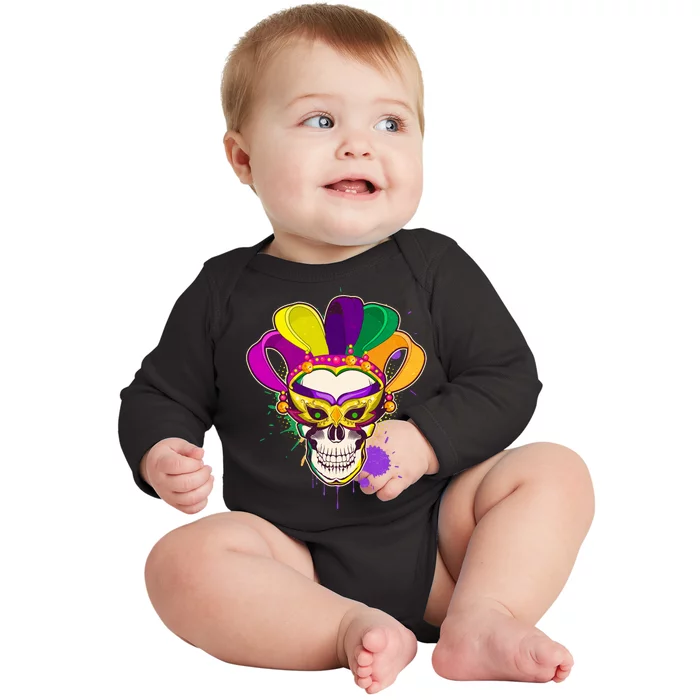 Festive Mardi Gras Skull Baby Long Sleeve Bodysuit