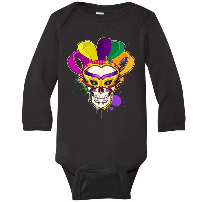 Festive Mardi Gras Skull Baby Long Sleeve Bodysuit