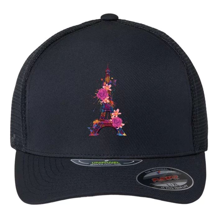 Floral Eiffel Tower Paris Flexfit Unipanel Trucker Cap