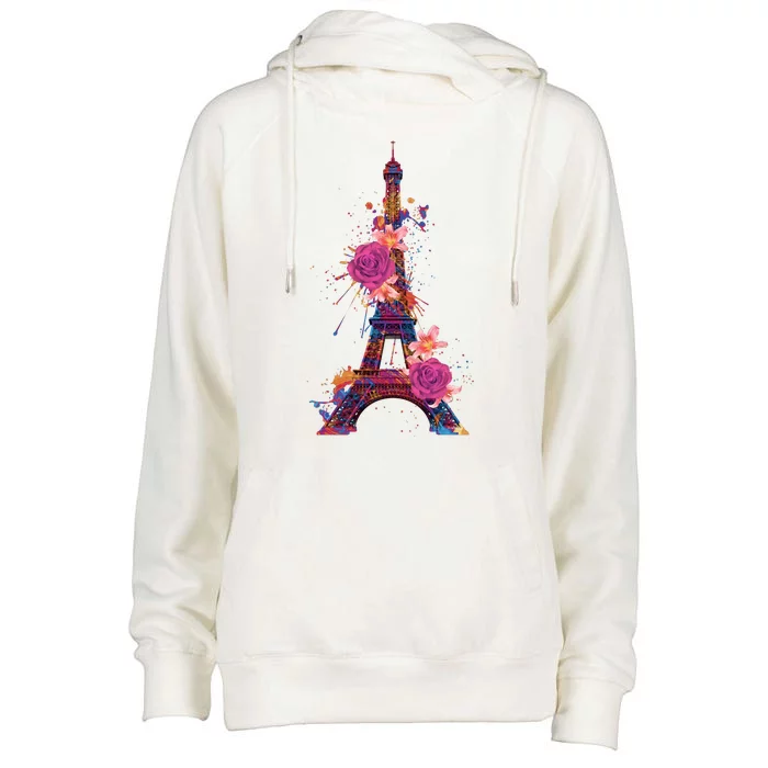 Floral Eiffel Tower Paris Womens Funnel Neck Pullover Hood