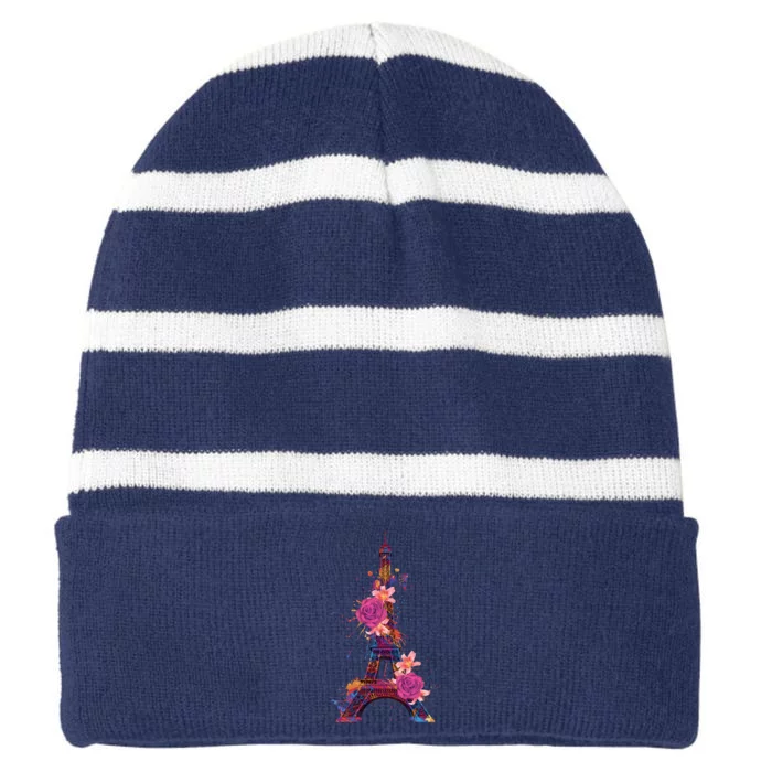 Floral Eiffel Tower Paris Striped Beanie with Solid Band