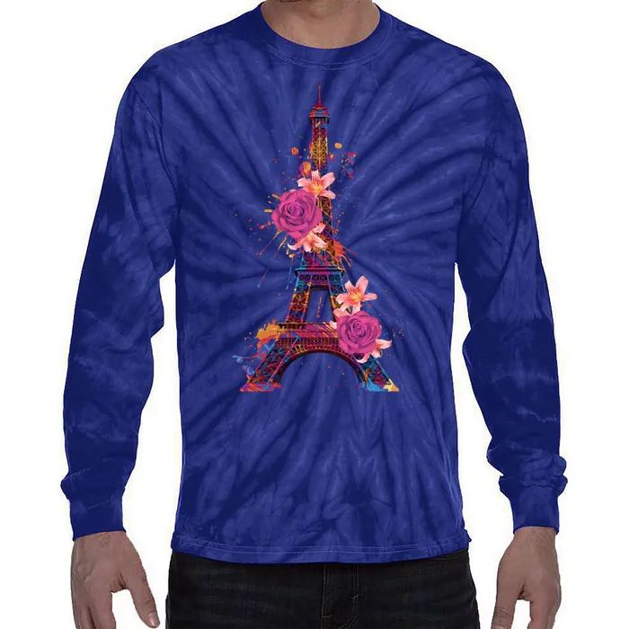 Floral Eiffel Tower Paris Tie-Dye Long Sleeve Shirt