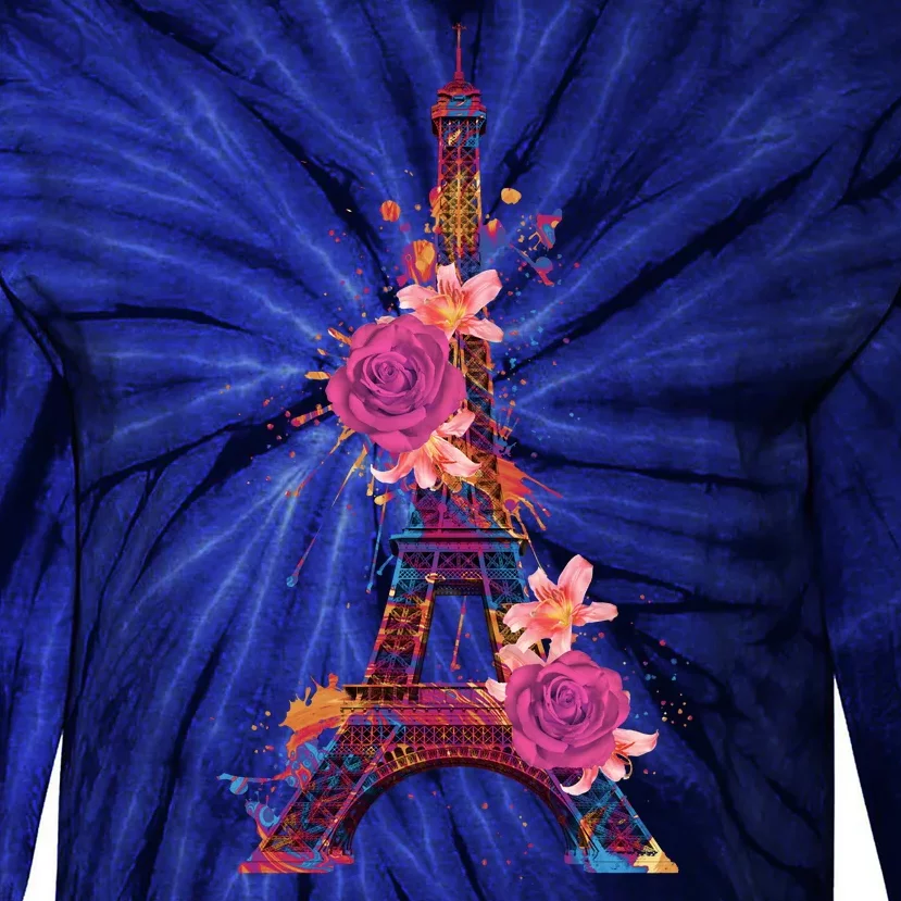 Floral Eiffel Tower Paris Tie-Dye Long Sleeve Shirt