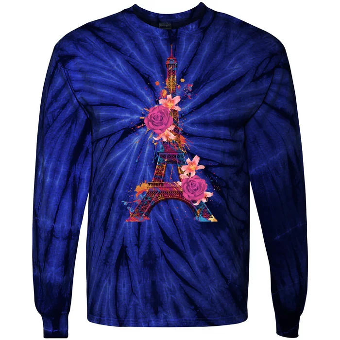 Floral Eiffel Tower Paris Tie-Dye Long Sleeve Shirt