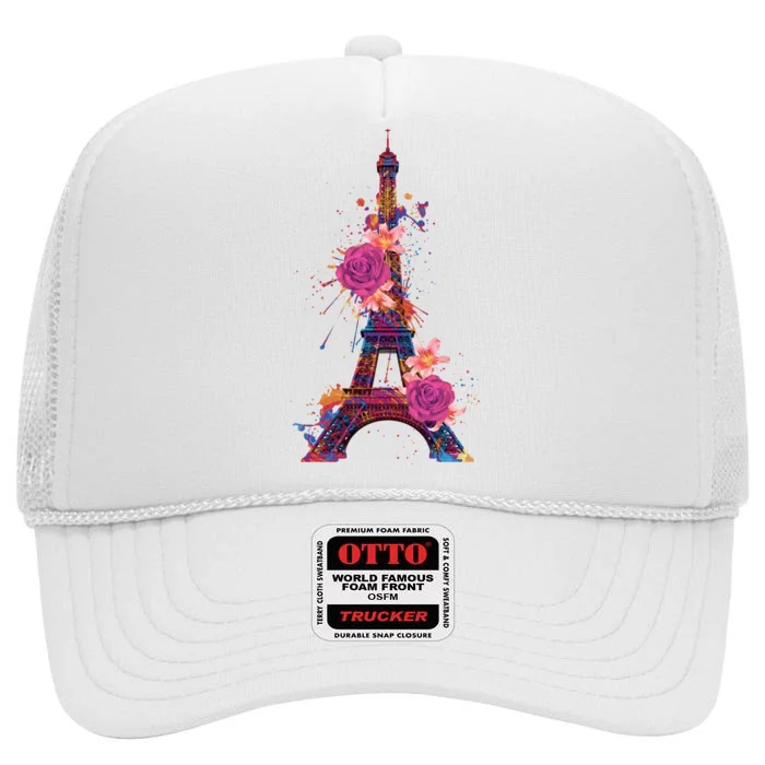 Floral Eiffel Tower Paris High Crown Mesh Trucker Hat