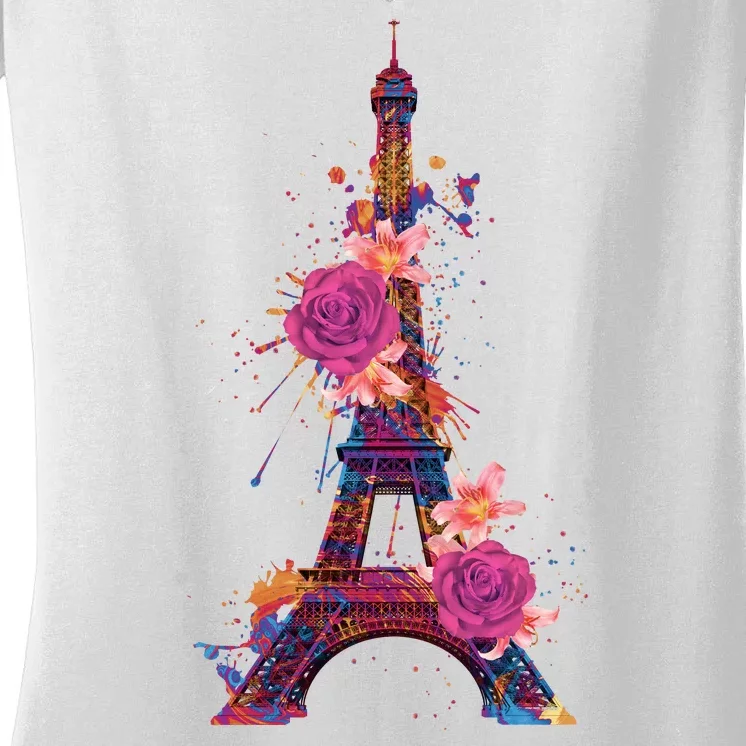 Floral Eiffel Tower Paris Women's V-Neck T-Shirt