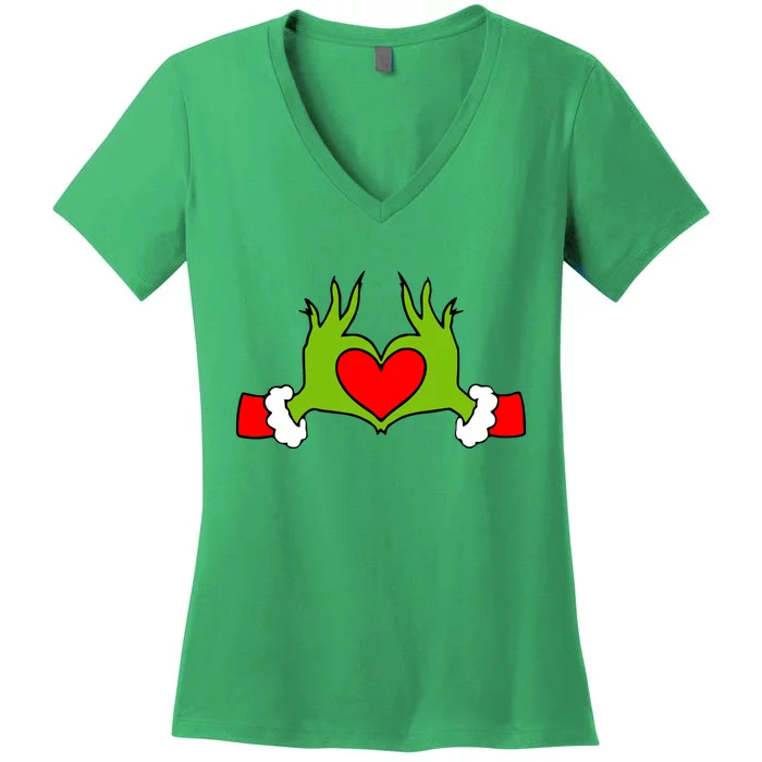 Funny Elf With Cute Heart Hands Symbol Style Christmas Women's V-Neck T-Shirt