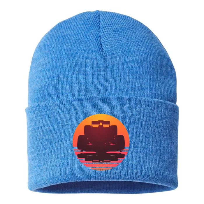 F1 Formula 1 Racing Car Retro Sunset Emblem Sustainable Knit Beanie