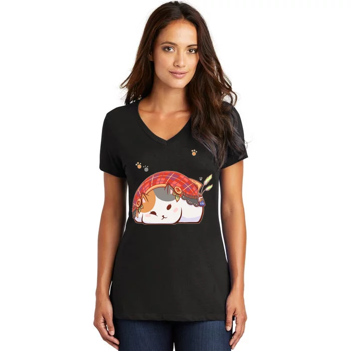 FF14 Fat Lazy Cat Women's V-Neck T-Shirt