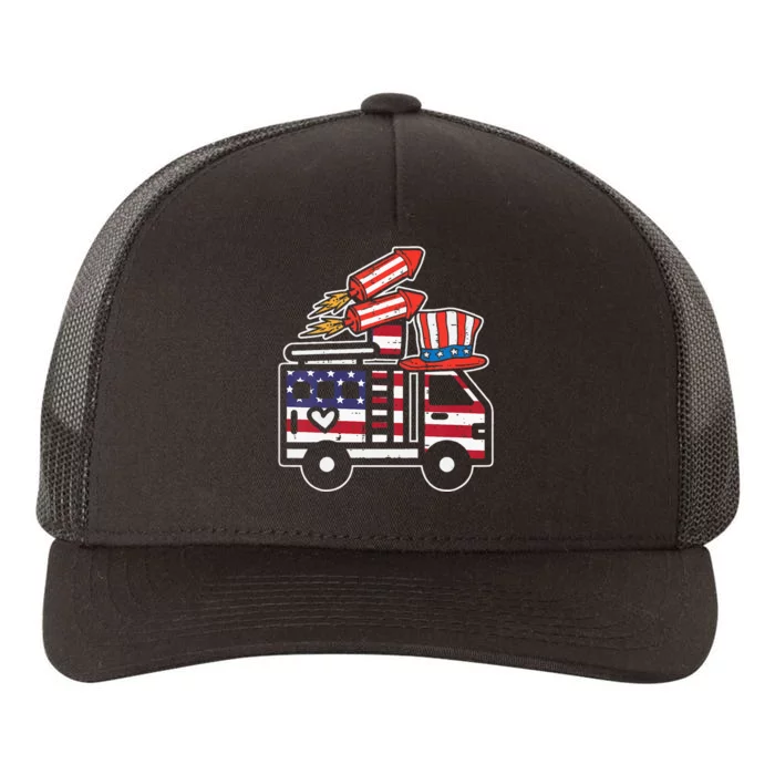 Firetruck Firecrackers 4th Of July Firefighter Yupoong Adult 5-Panel Trucker Hat