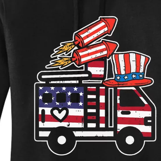 Firetruck Firecrackers 4th Of July Firefighter Women's Pullover Hoodie