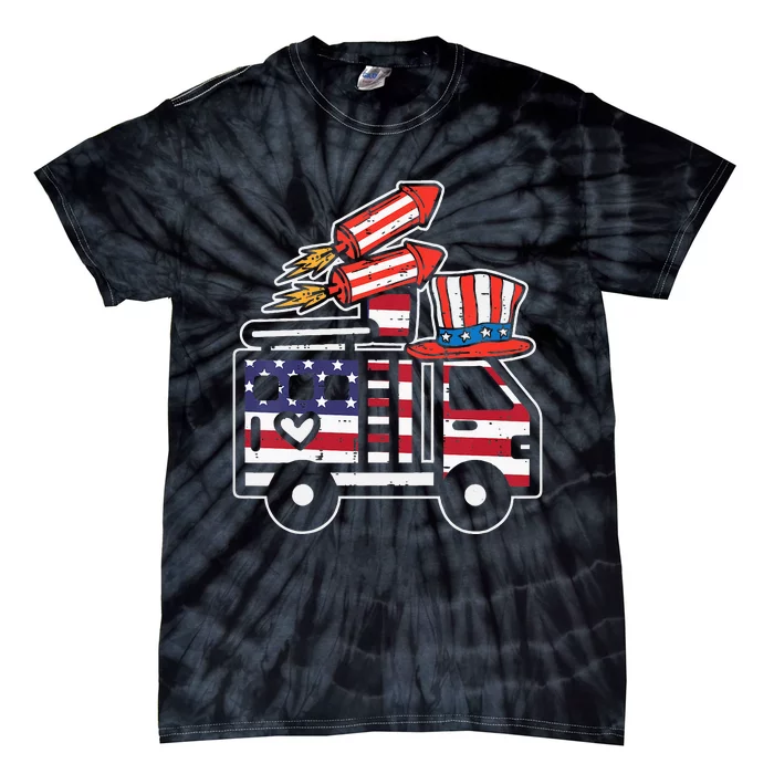 Firetruck Firecrackers 4th Of July Firefighter Tie-Dye T-Shirt