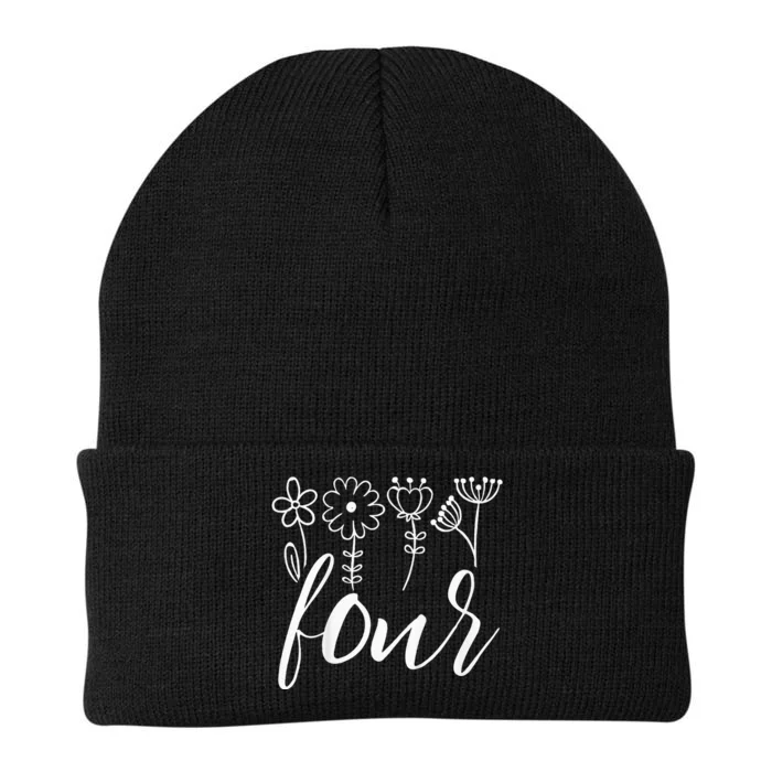 Floral Four 4 Year Old 4th Birthday Knit Cap Winter Beanie