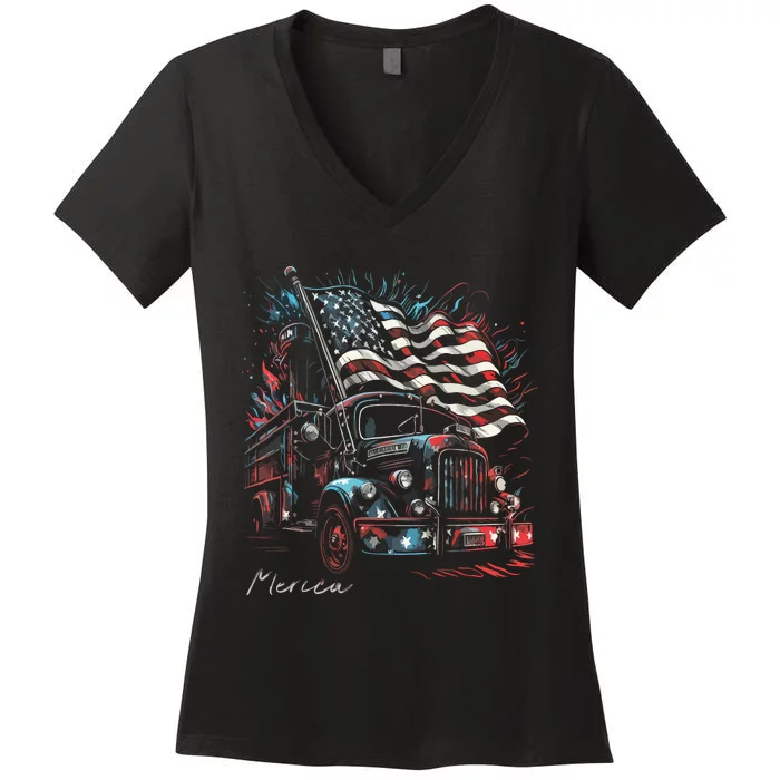 Fireman Firefighter 4th Of July American Flag USA Funny Women's V-Neck T-Shirt