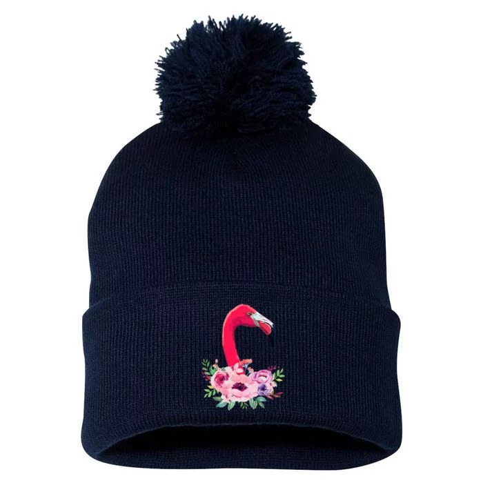 Flamingo Floral Art Pom Pom 12in Knit Beanie