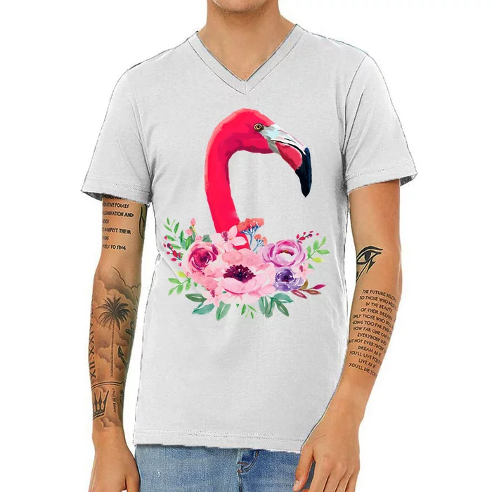 Flamingo Floral Art V-Neck T-Shirt