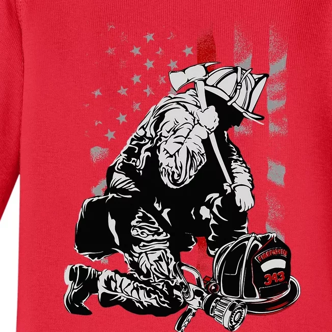 Fallen Fireman American Flag Thin Red Line Firefighter Baby Long Sleeve Bodysuit