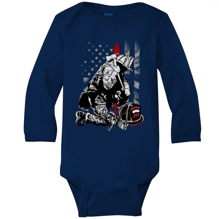 Fallen Fireman American Flag Thin Red Line Firefighter Top Baby Long Sleeve Bodysuit