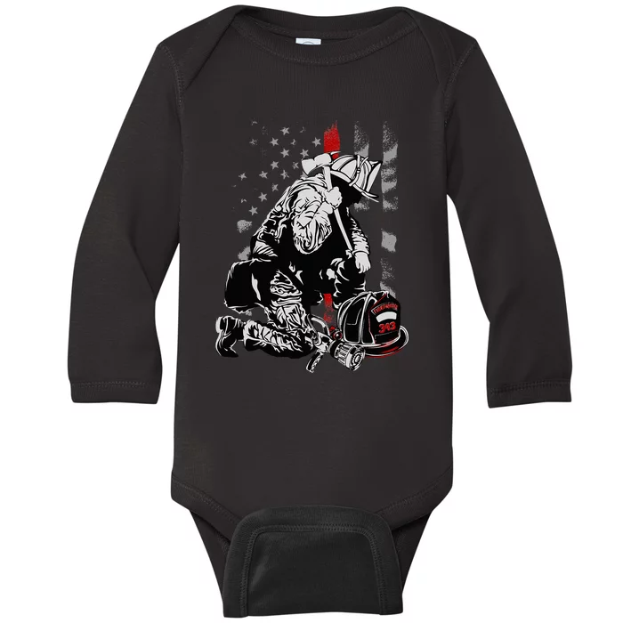 Fallen Fireman American Flag Thin Red Line Firefighter Baby Long Sleeve Bodysuit