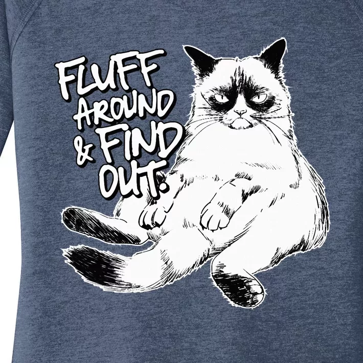 Funny Fluff Around and Find Out Grumpy Kitty Sarcastic Cat Women's Perfect Tri Tunic Long Sleeve Shirt