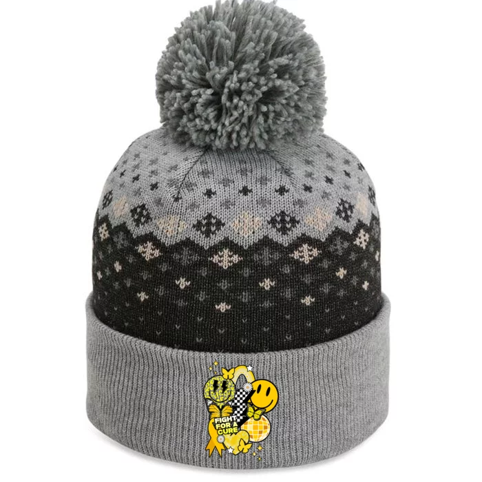 Fight For A Cure Retro Smile Face Childhood Cancer The Baniff Cuffed Pom Beanie