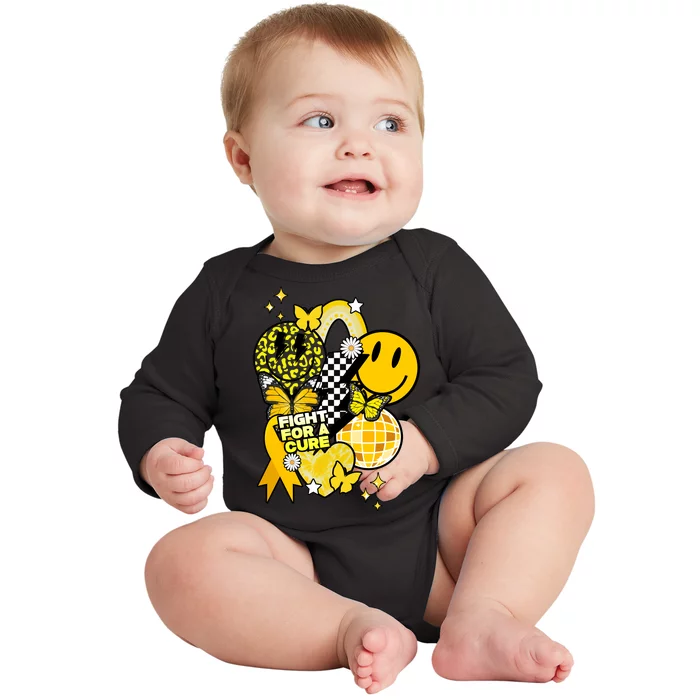 Fight For A Cure Retro Smile Face Childhood Cancer Baby Long Sleeve Bodysuit