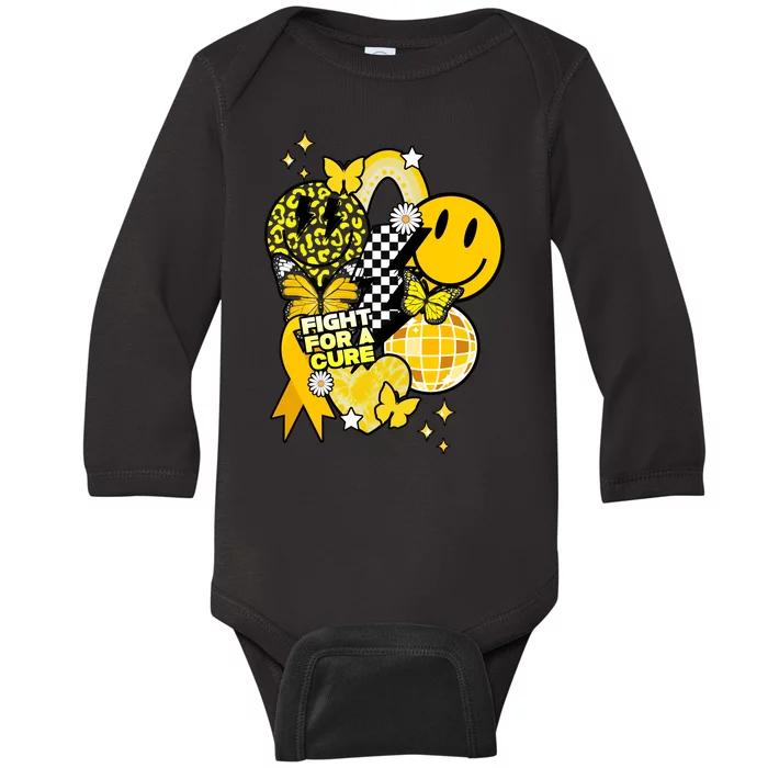 Fight For A Cure Retro Smile Face Childhood Cancer Baby Long Sleeve Bodysuit