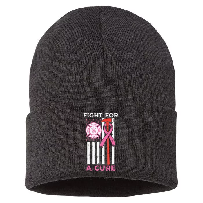 Fight For A Cure Firefighter US Flag Breast Cancer Awareness Sustainable Knit Beanie