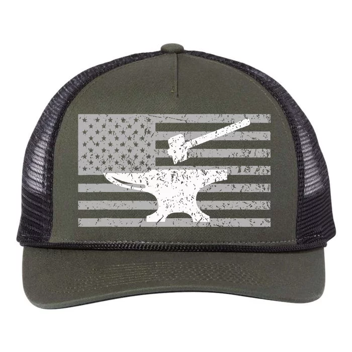 Forging  Forge  American Flag Blacksmith Anvil Retro Rope Trucker Hat Cap