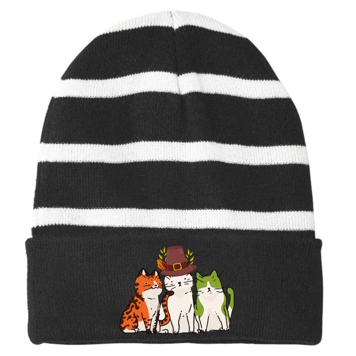 Festive Feline Adorable Cat Celebrating Thanksgiving in Autumn Striped Beanie with Solid Band