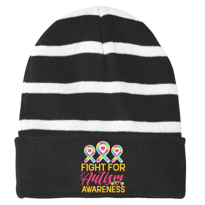 Fight For Autism Awareness Striped Beanie with Solid Band