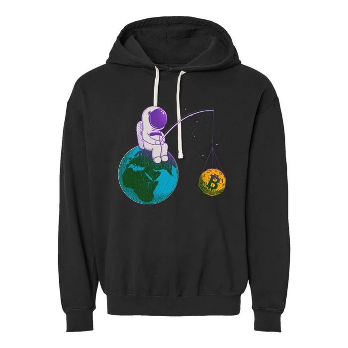 Funny Fishing Bitcoin Space Astronaut Garment-Dyed Fleece Hoodie