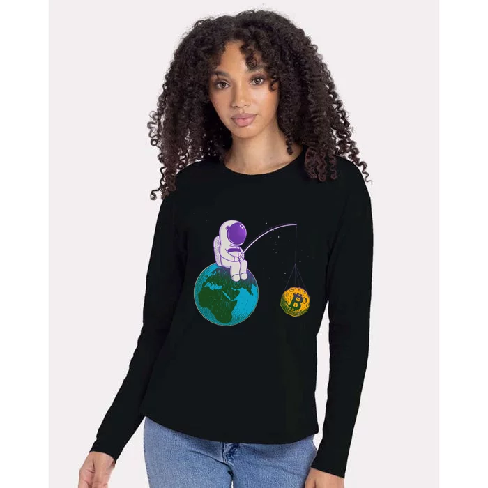 Funny Fishing Bitcoin Space Astronaut Womens Cotton Relaxed Long Sleeve T-Shirt