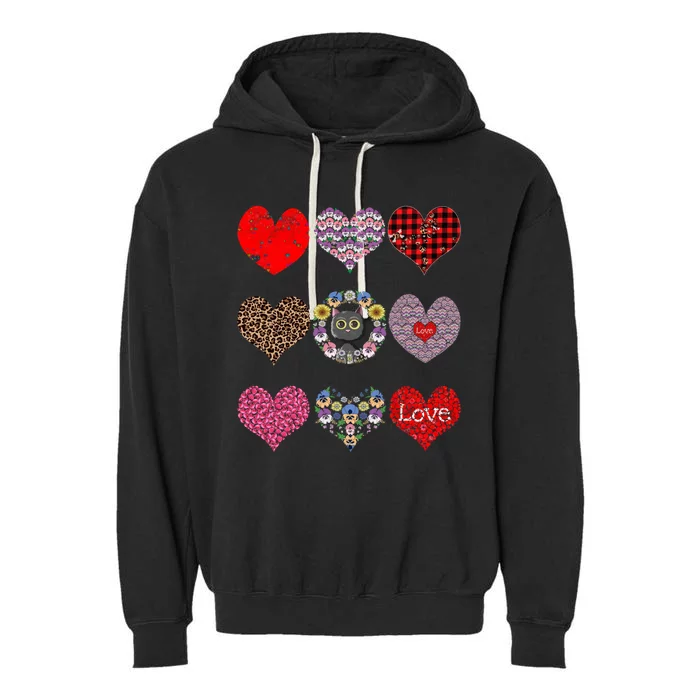 Funny Floral Black Cat Hearts Pattern Cat Mom Valentines Day Cute Gift Garment-Dyed Fleece Hoodie