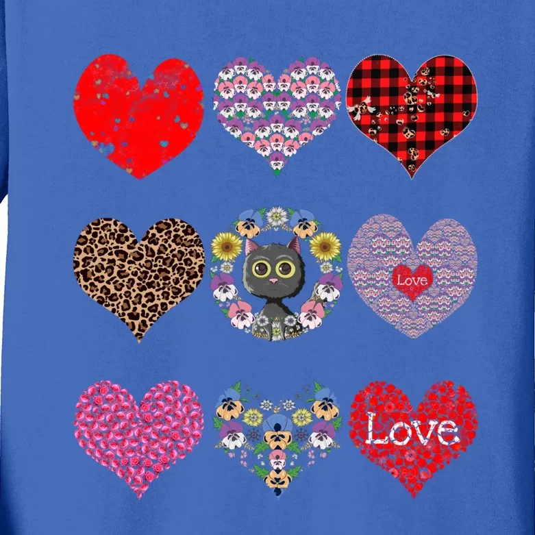 Funny Floral Black Cat Hearts Pattern Cat Mom Valentines Day Cute Gift Kids Long Sleeve Shirt