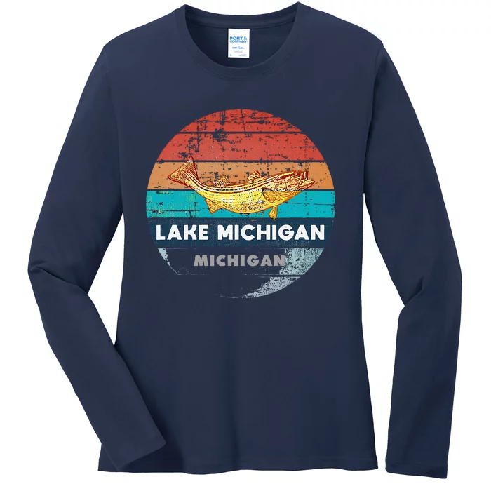 Flying Fishing Bass Salmon Fish Trout Lake Michigan Retro Ladies Long Sleeve Shirt