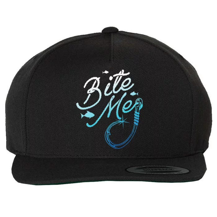 Fishing Fisherman Bite Me Funny Gift Fish Design Idea Wool Snapback Cap