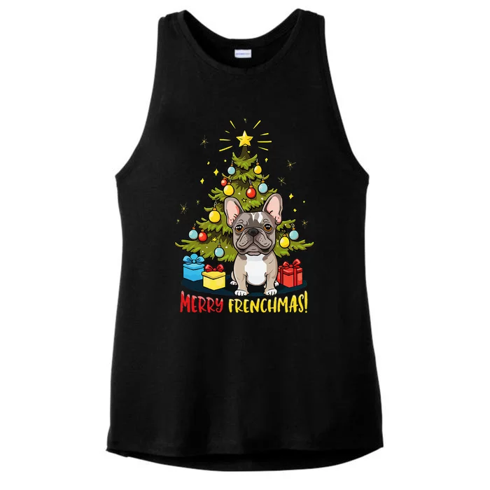 Funny French Bulldog With Christmas Tree Ladies Tri-Blend Wicking Tank