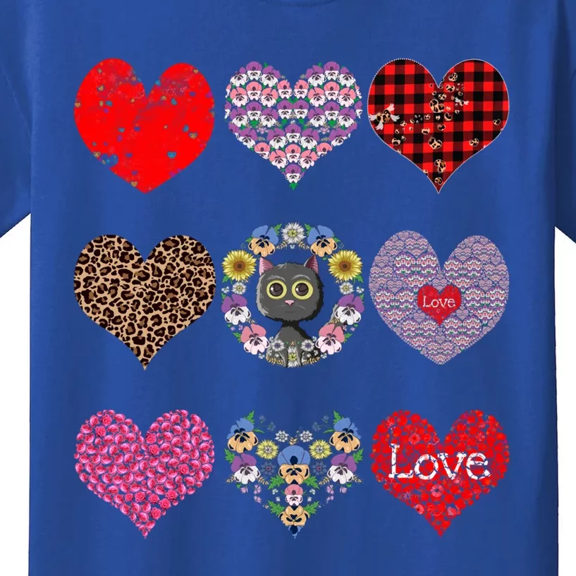 Funny Floral Black Cat Hearts Pattern Cat Mom Valentines Day Gift Kids T-Shirt