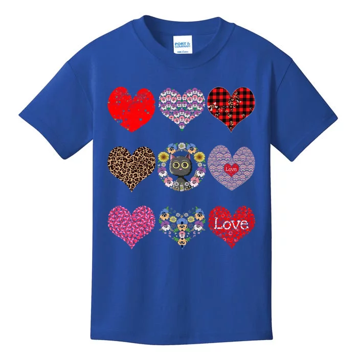 Funny Floral Black Cat Hearts Pattern Cat Mom Valentines Day Gift Kids T-Shirt