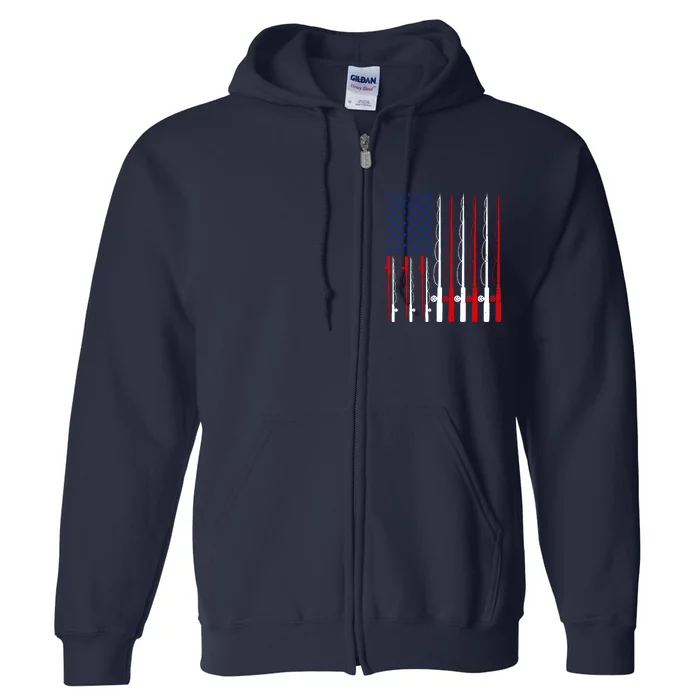 Fishing For Bass Fish Fisherman American Flag Full Zip Hoodie