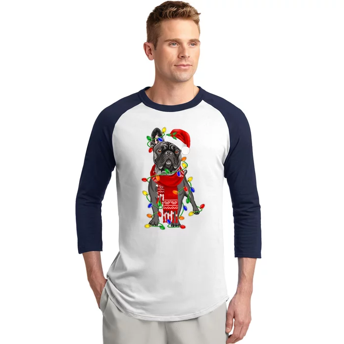 Funny French Bulldog Dog Tree Christmas Lights Xmas Pajama Baseball Sleeve Shirt