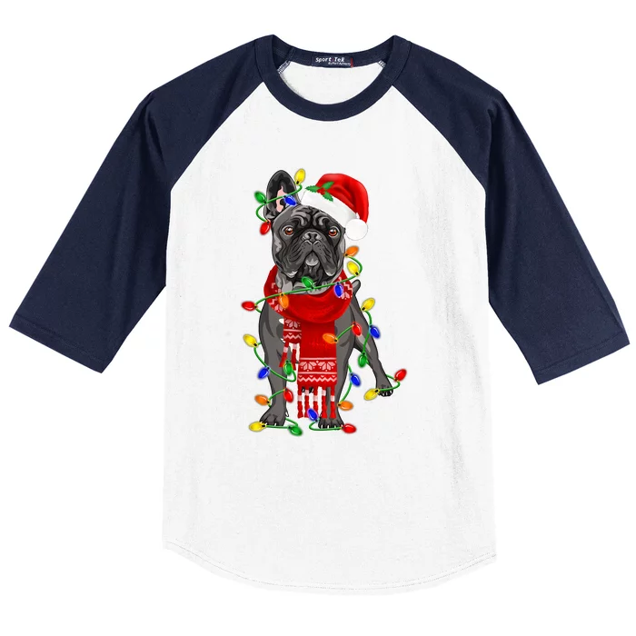 Funny French Bulldog Dog Tree Christmas Lights Xmas Pajama Baseball Sleeve Shirt