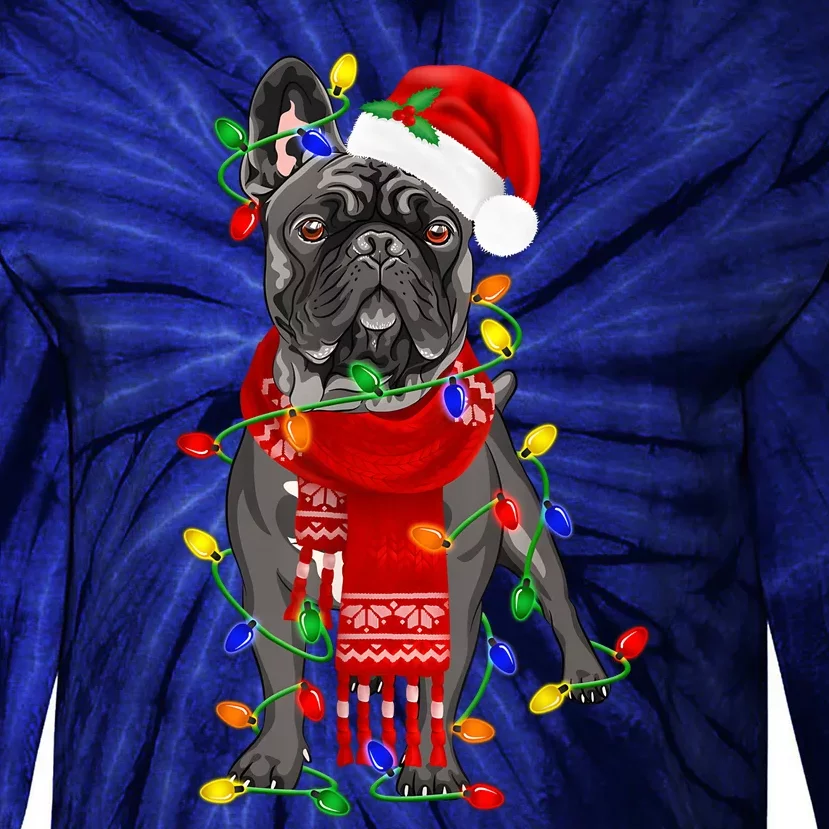 Funny French Bulldog Dog Tree Christmas Lights Xmas Pajama Tie-Dye Long Sleeve Shirt