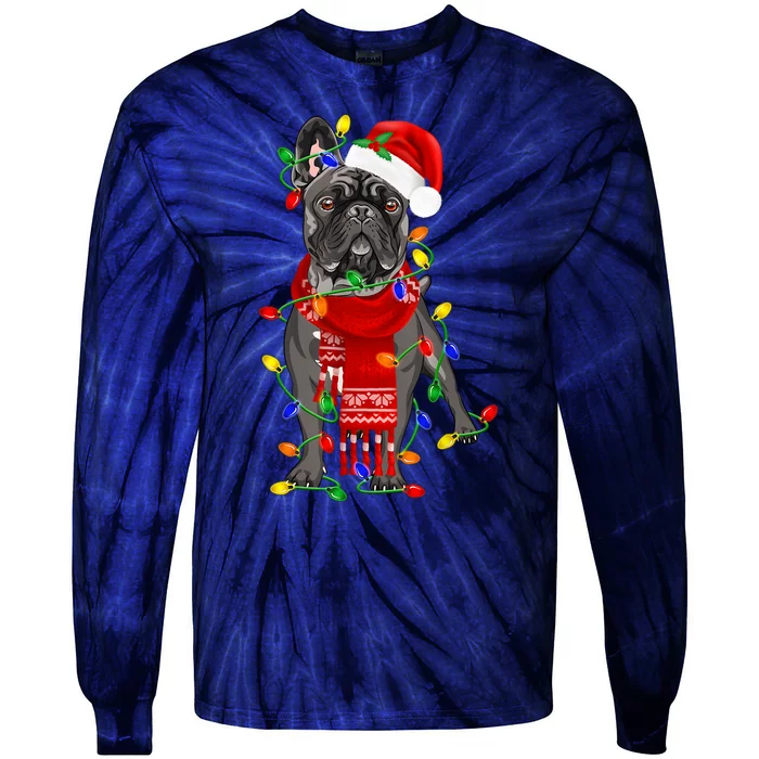 Funny French Bulldog Dog Tree Christmas Lights Xmas Pajama Tie-Dye Long Sleeve Shirt