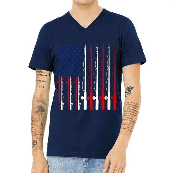 Fishing For Bass Fish Fisherman American Flag V-Neck T-Shirt